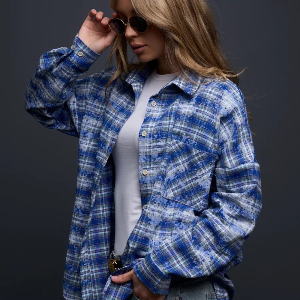 Vintage Plaid Shirt Blue Grey Medium